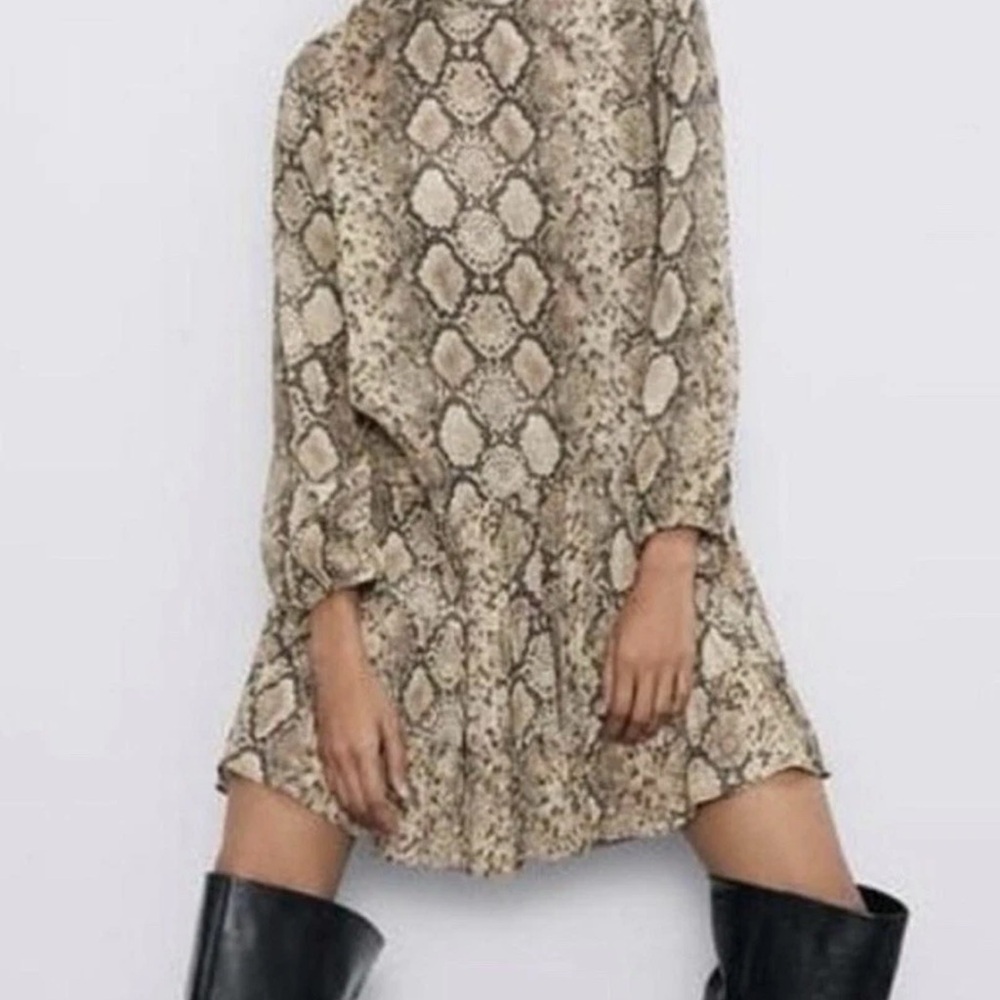 Zara Beige Snake-Print Ruffle-Hem Mini Dress with Neutral Tones - Picture 2 of 3